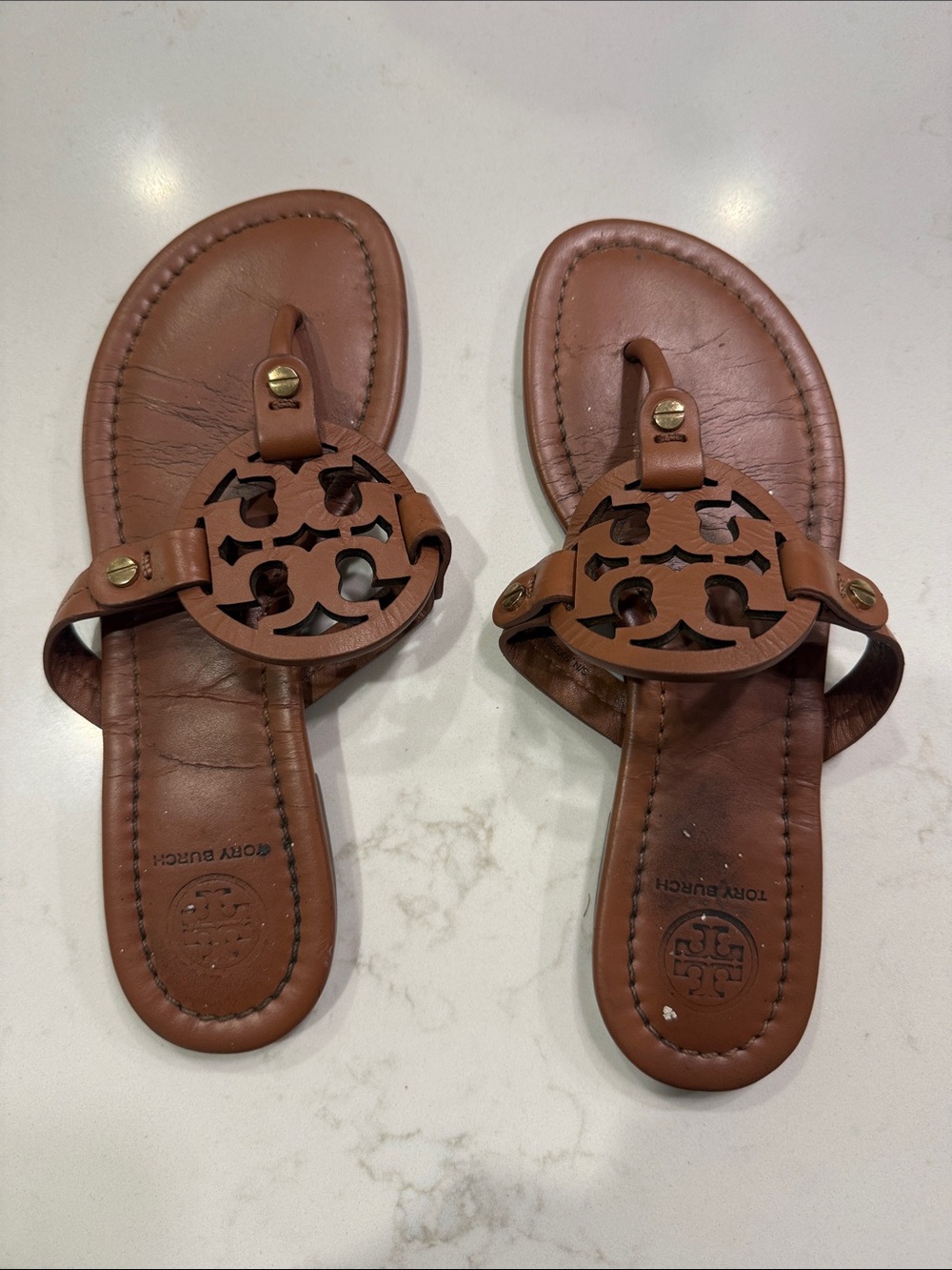 Tory Burch Tan Leather Cutout Logo Thong Sandals